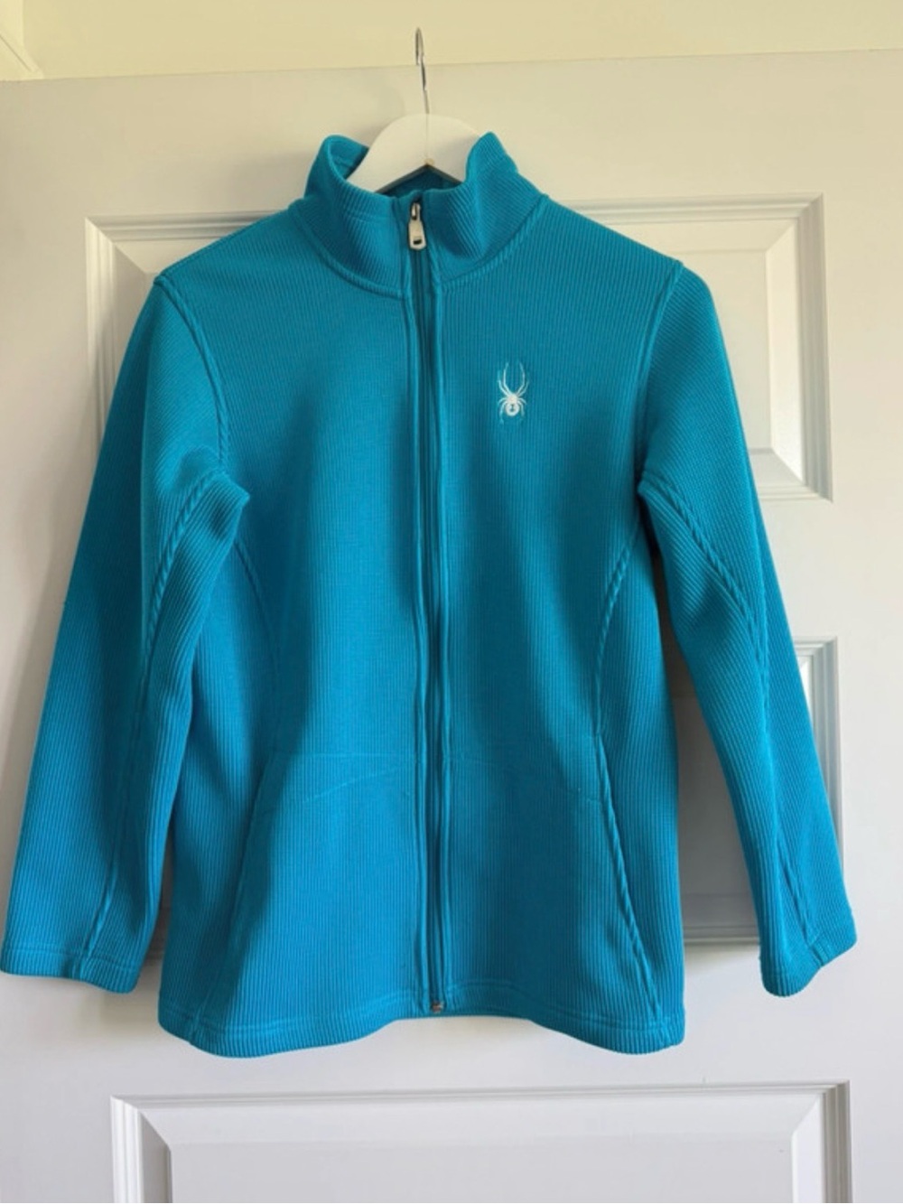 Girls SPYDER Blue Waffle Knit Full Zip Jacket Size XL With Zip Pockets